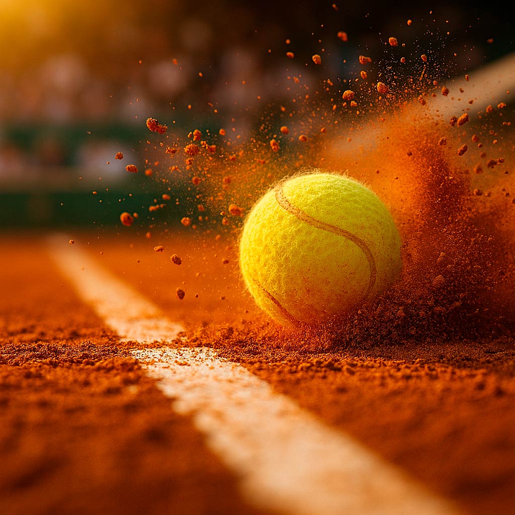 Pelota de tenis golpeando la tierra batida en una de las pistas de Protur Hotels en Sa Coma, Mallorca